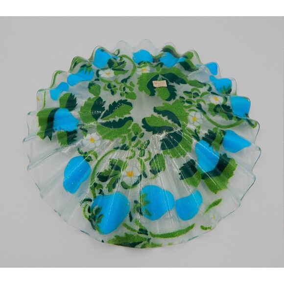 Sydenstricker Blue Strawberry Fused Glass Plate Bowl Ruffled Edge 2 PC Signed - Picture 3 of 11